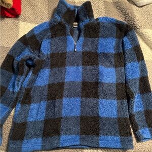 Eddie Bauer Blue and Black Plaid Zip-Up Sweater
